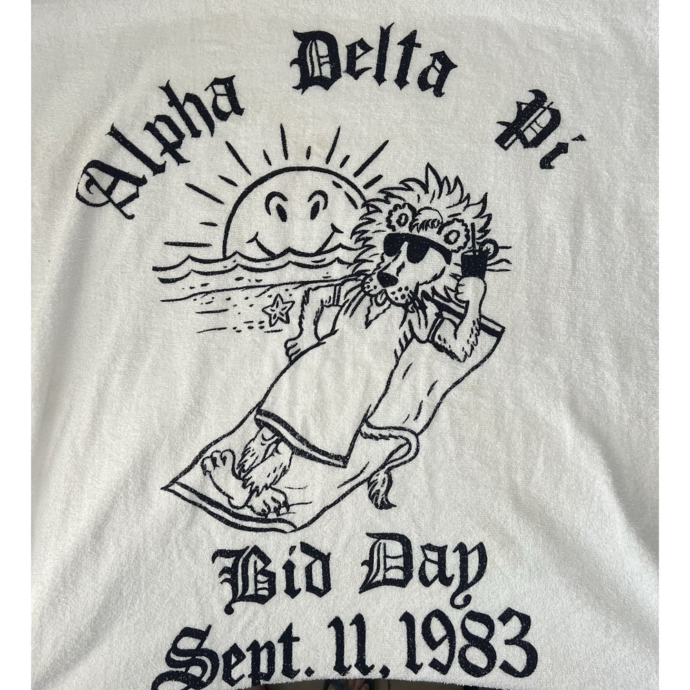 Vtg Alpha Delta Pi Sorority Towel 1983 Beach Party 58"x31" White‎ Bath Bid Day